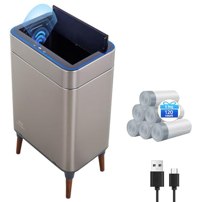 zyz Kitchen Trash Can 13 Gallon / 50L, Automatic Touchless Sensor Garbage Can with Butterfly Lid and Legs, USB 2400mAh Battery, Stainless Steel Soft-Close Trash Bin for Home (120 Count Trash Bags) - color: 120 Count Trash Bags