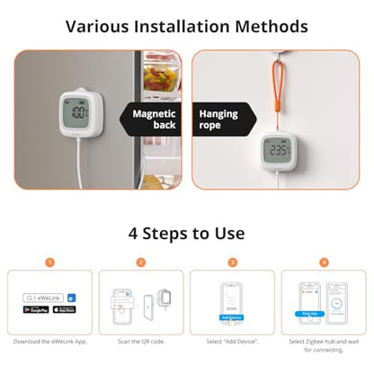 SONOFF SNZB-02LD Zigbee Waterproof Temperature Sensor with 1.5M Stainless Steel Probe, LCD Display, -40~115°C Range, APP Monitoring, Magnetic Mount, Works with Zigbee Hub