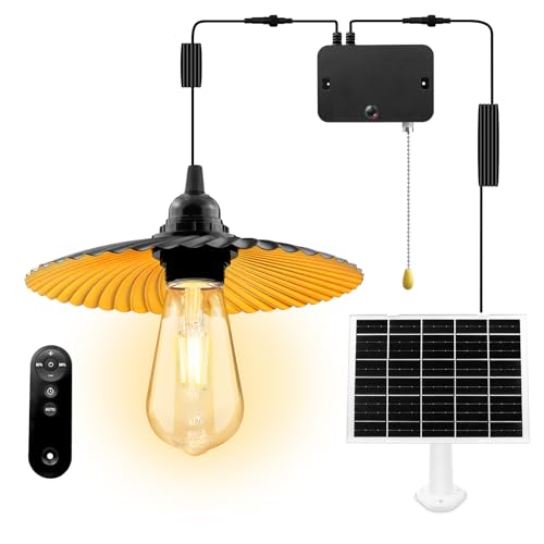 Solar Pendant Light Outdoor, Solar Chicken Coop Light IP65 Waterproof Metal Chandelier Built-in 5200mAh Battery with Pull Cord & Remote Control, for Porch, Shed, Gazebo & Barn
