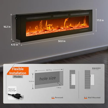 EUHOMY 50 Inch Electric Fireplace Wall Recessed and Wall Mounted with Adjustable Flame Color, Fireplace Heater with Remote Control, Linear Fireplace with Timer, Touch Screen, Log & Crystal, 750/1500W - size: 50 Inch