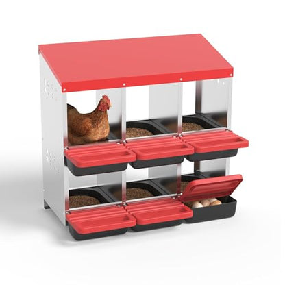Heavy Duty Galvanized Steel Chicken Nesting Box – 6 Holes, Roll Away Egg Laying, Protective Lid, Wall Mounted or Freestanding, Easy Clean, Vented Pegboard Side, Red (Pegboard Side Design) - color: Red, size: 6 Room&Mat Board