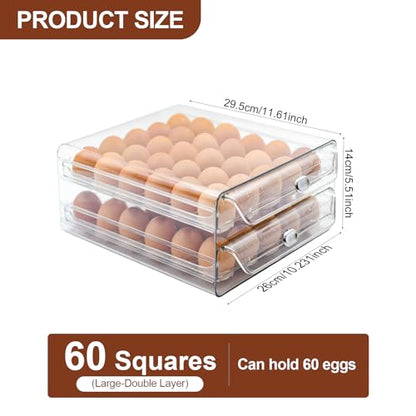 Egg Holder for Refrigerator,60 Eggs Clear Drawer Organizer,2 Layer Stackable Egg Holder Egg Trays,Egg Storage Container with Time Scale for Fridge Countertop Cabinet - size: 60 eggs