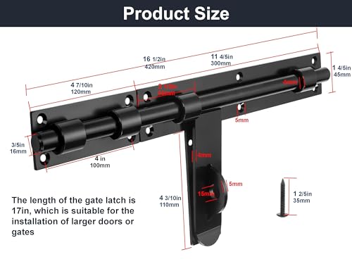 Slide Bolt Gate Latch, 17in, Thickened for Large Wooden/Metal Gates, Face Mount, Weld/Screws on Gate Left/Right Side, Fence Gate Latch, Barn Door Lock, Rustic Gate Lock Hardware(Patent Pending)