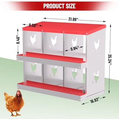 Heavy-Duty Galvanized Steel Chicken Nesting Box – 6 Large Vented Compartments, Rollout Egg Collection, Rustproof, Wall-Mount, Easy Clean – Red - color: Red, size: 6-Holes
