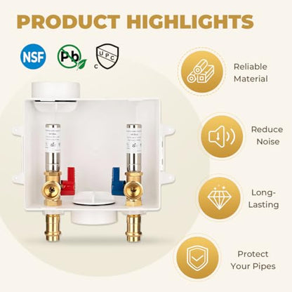 Press Washing Machine Outlet Box with Stainless Steel Water Hammer Arrestor, Center Drain, 1/2 Inch Press (Copper Pipe Only, Press Tool Required) x 3/4 Inch MHT, Washer Faucet Recessed Box - color: PRESS/SS Arrestor