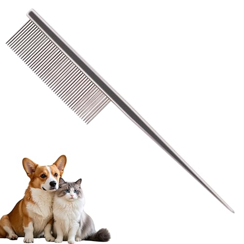 Grooming Pet Comb Rat Tail Dematting Cat and Dog Comb，Rounded Ends Design for Safe Tangle Removal, Hairstyling, Massage，Loose Hair Removal，Prevent Irritation，Fluffing Paws,Face,Tail,Remove Tear Stain - color: Silver