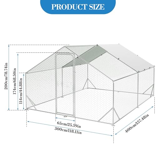 Large Metal Chicken Coop, Walk-in Poultry Cage, Chicken Run Pen House with Reinforcement & Waterproof & Anti-Ultraviolet Cover Chicken Coop Run with Double Lockable Doors for Outdoor 9.8 x13.1X 6.6ft