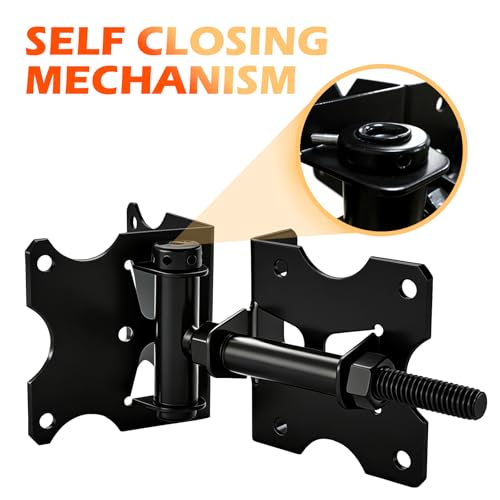 Heavy Duty Self-Closing Gate Hinges for Vinyl & Wooden Fence Gates, 90° Adjustable Hinges Kit with Swing Adjuster Tool and Self-Tapping Screws, Non-Weld Black Finish, 2-Pack - size: Gate Hinges-2 Pcs