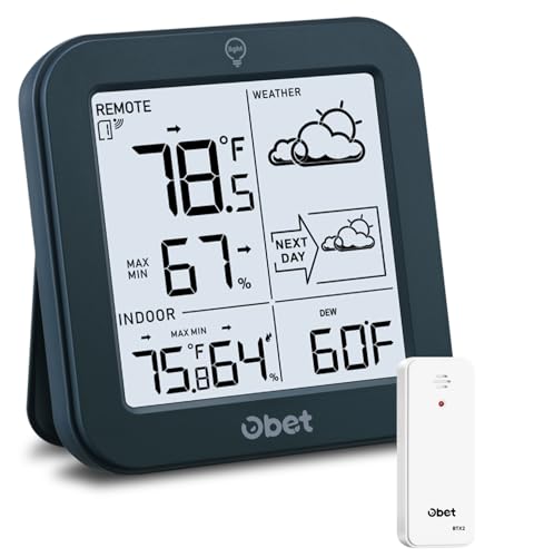 Weather Station Wireless Indoor Outdoor Thermometer, Digital Room Thermometer and Hygrometer with 500ft Range Remote Sensor, Backlight Display, Battery Operated - color: Black