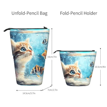 Cat and Fish Kids Standing Pencil Case Girls Boys Telescopic Stationary Pouch with Zipper Large Capacity Stand up Pen Bag Portable Makeup Holder for Children School Students Office Supplies - color: Cat and Fish