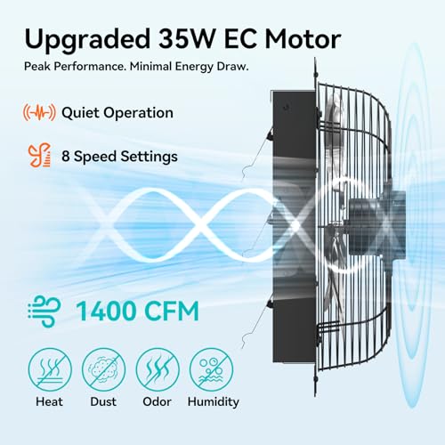 addlon 16 Inch Shutter Exhaust Fan Wall Mounted with 60W EC Motors and Remote Control,1700CFM, Timer, 8 Speeds, Low Noise, Easy to Install, Plug in Ventilation Fan for Garages, Shops, Greenhouse, Shed - size: 16 inch