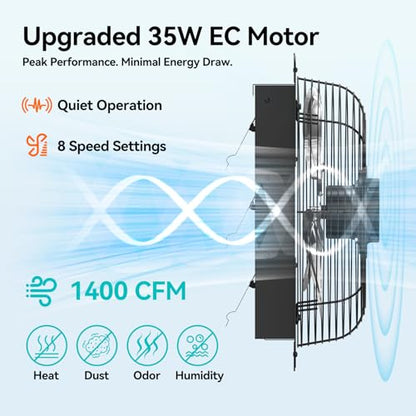 addlon 16 Inch Shutter Exhaust Fan Wall Mounted with 60W EC Motors and Remote Control,1700CFM, Timer, 8 Speeds, Low Noise, Easy to Install, Plug in Ventilation Fan for Garages, Shops, Greenhouse, Shed - size: 16 inch