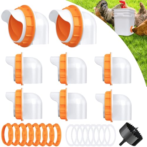 Chicken Feeder Port, 8 Pack Chicken Feeders No Waste with 8 Lids 1 Drill Bit, DIY Automatic Poultry Feeder Cups Kit, Chicken Bucket Feeder for Barrels (Orange) - color: Orange, size: 8 pack