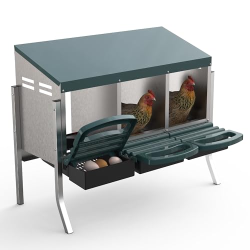 GarveeLife Chicken Nesting Box 3 Hole, Galvanized Steel Nest with Roll Away Egg Collection & Swing Perch, Easy-Clean Laying Box for Hens, Heavy Duty Design for Chicken Coop - color: Green, size: 3 holes with legs