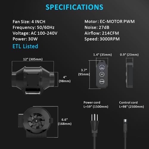 Toolazy Pro 4 Inch Inline Duct Fan, 214 CFM Quiet EC Motor Ventilation Fan with 10-Speed Controller, 27dB Low Noise Mixed-Flow Exhaust Fan for Grow Tent, Hydroponics, HVAC Duct Booster, Bathroom - size: 4 inch
