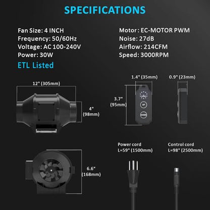 Toolazy Pro 4 Inch Inline Duct Fan, 214 CFM Quiet EC Motor Ventilation Fan with 10-Speed Controller, 27dB Low Noise Mixed-Flow Exhaust Fan for Grow Tent, Hydroponics, HVAC Duct Booster, Bathroom - size: 4 inch