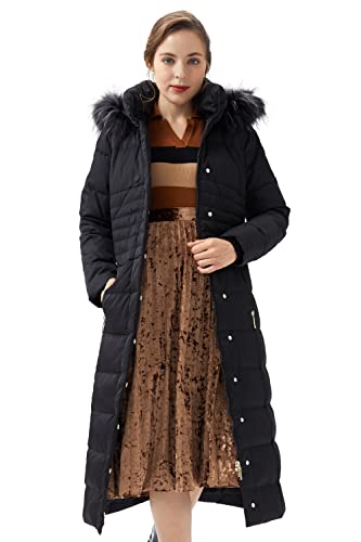 Orolay Women Warm Down Jacket with Hood Fur Long Puffer Coat - color: Black, size: Large