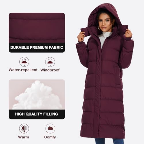 ROYAL MATRIX Women's Long Quilted Puffer Coat, Winter Warm Maxi Puffer Jacket with Detachable Hood - color: Wine Red, size: Medium