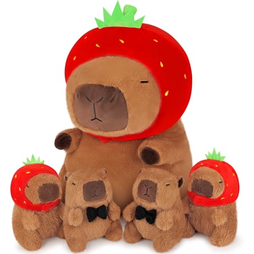 Achwishap Capybara Plush Family Set, 5PCS Capybara Stuffed Animals with Mommy & 4 Babies, 18” Soft Huggable Plushie Cute Pillow Toys Decor, Birthday Gifts for Kids Boys Girls Adults & Capibara Lovers - color: Brown Cmmcapybara Family