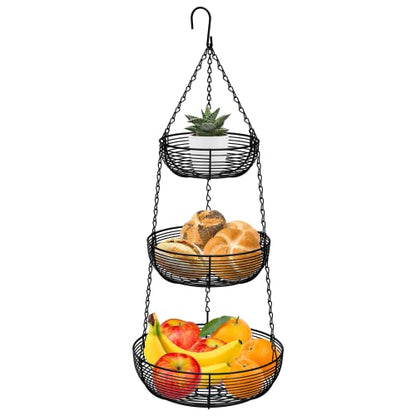 CAXXA 3-Tier Hanging Basket Fruit Organizer Kitchen Heavy Duty Wire Organizer with 2 Free Bonus Metal Ceiling Hooks, Black - color: Black