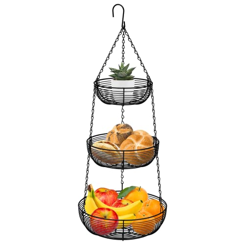CAXXA 3-Tier Hanging Basket Fruit Organizer Kitchen Heavy Duty Wire Organizer with 2 Free Bonus Metal Ceiling Hooks, Black - color: Black