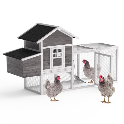 GOJOOASIS Chicken Coop for 2-4 Chickens Outdoor Grey Wooden Hen House Poultry Cage w/Wire Fence, Ramp, Nesting Box, Tray, Roosting Bar, 4 Access Areas (E) - size: E
