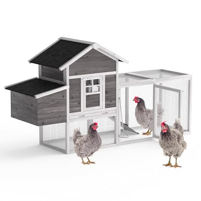 GOJOOASIS Chicken Coop for 2-4 Chickens Outdoor Grey Wooden Hen House Poultry Cage w/Wire Fence, Ramp, Nesting Box, Tray, Roosting Bar, 4 Access Areas (E) - size: E