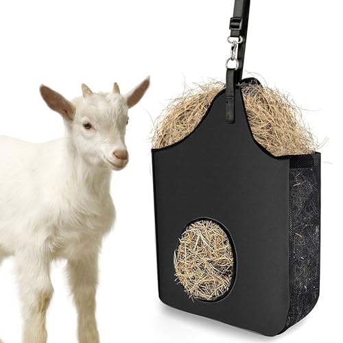Hay Bag Hanging Goat Feeder Tote Premium Oxford Cloth with Metal Ring and Adjustable Strap for Horses Donkeys Cows Alpacas Ostriches or Other Animals Black - color: black-1