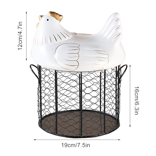 NFNSIG Chicken Egg Basket, Chicken Egg Holder, Black Wire Chicken Egg Collection Baskets with Ceramic Lid and Handle for Gathering Fresh Eggs, Farmhouse Style Egg Storage Container for Kitchen(White) - color: White