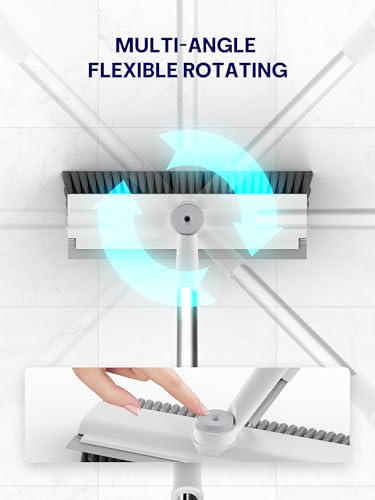 Floor Scrub Brush with Long Handle, 3 in 1 Scrape and Heavy-Duty Stiff Bristle Floor Scrubber Brush with Squeegee and Tweezer for Cleaning Tile Wall Deck Bathroom Patio Garage Kitchen (White) - color: White