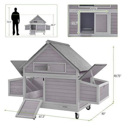 GUTINNEEN Large Mobile Chicken Coop with Heavy-Duty Wheels, Extra-Large Nesting Boxes, Lockable Metal Pull-Out Tray, Weather-Resistant Roof, Spacious Outdoor Poultry Cage, Ideal for 3–6 Chickens - size: 67.3"L x 40"W x 49.75"H