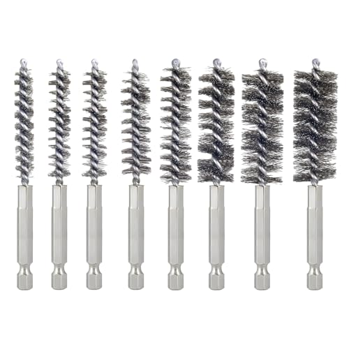 Bore Brush for Drill – 8pcs Stainless Steel Wire Tube Brush in Different Sizes, Twisted Wire Cleaning Brush with 1/4" Hex Shank, bore Brush Copper Pipe Cleaner for Power Drill & Tube Cleaning - style: 8pcs