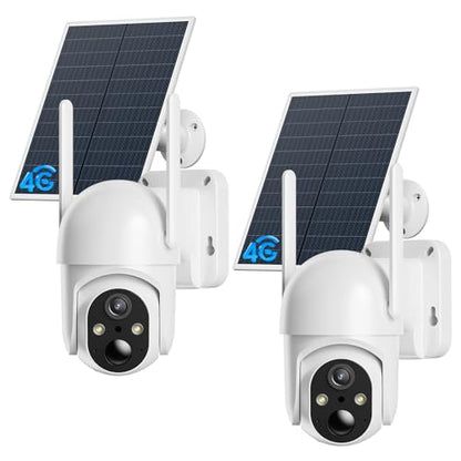 ELYSOO 4G LTE Cellular Security Camera, 2 Pack Solar Powered Outdoor Cameras No WiFi Needed for Farm&Ranch, 360° View, 2K Night Vision, Built in SIM Card(Support Verizon/AT&T/T-Mobile) - White - color: White