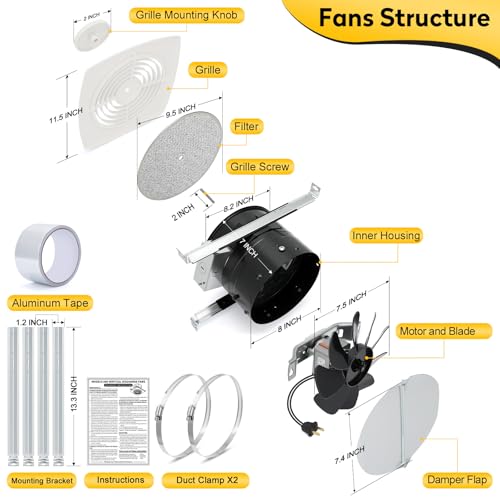 505 High Airflow Bathroom Fan for Ceiling – 8 Inch Fan with Powerful 200 CFM, Bathroom Exhaust Fan, Kitchen Exhaust Fan, Household Ventilation Fans