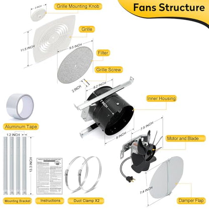 505 High Airflow Bathroom Fan for Ceiling – 8 Inch Fan with Powerful 200 CFM, Bathroom Exhaust Fan, Kitchen Exhaust Fan, Household Ventilation Fans