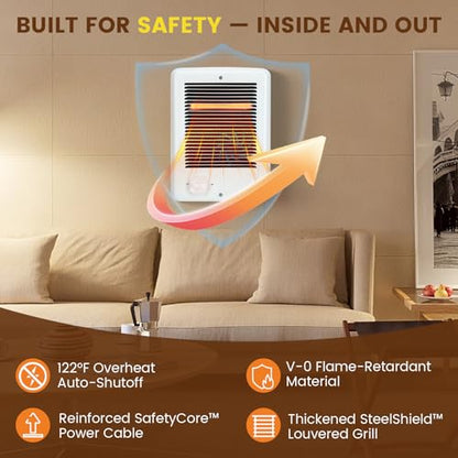 Upgraded CSC151TW In Wall Heater – 1500 Watts, 5120 BTU, 120 Volts, Built-In Thermostat, Fast-Heating Complete Unit, Electric Wall Heater for Indoor Rooms & Bathrooms