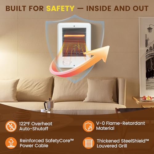 Upgraded CSC202TW In Wall Heater – 2000 Watts, 6825 BTU, 240 Volts, Built-In Thermostat, Fast-Heating Complete Unit, Electric Wall Heater for Indoor Rooms & Bathrooms