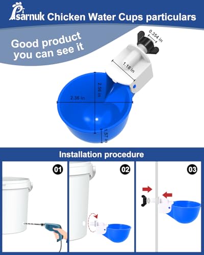 Chicken Waterer Cups (16 Pack) with 3/8" Drill Bit - Blue | Automatic Poultry Drinker Feeder Kit for Chickens, Ducks, Turkeys, Quail, Bunnies | DIY Gravity Fed Bucket Water Dispenser - color: Blue, size: 16 Pack + Drill bit