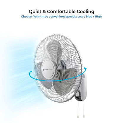 Comfort Zone Oscillating Wall Mount Fan with Adjustable Tilt, 16 inch, 3 Speed, Metal Grille, 90 Degree Oscillation, Airflow 14.07 ft/sec, Ideal for Home, Bedroom, Gym & Office, CZ16W - style: 16" Standard