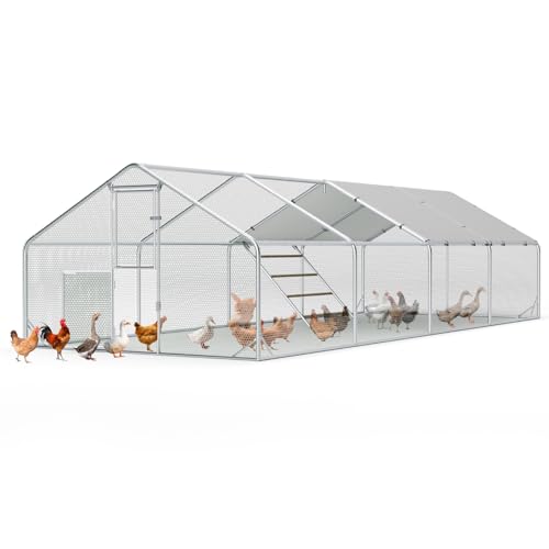 Sannwsg Large Metal Chicken Coop with Run, Walk in Chicken Pen with Waterproof Cover, Secure Lock, Heavy Duty Poultry Cage with Feeding Door for Outdoor Farm Use（26x10 FT - size: 26x10ft