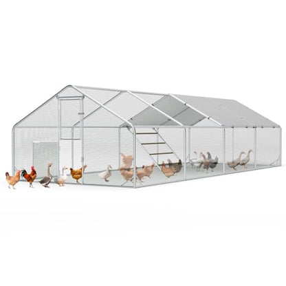 Sannwsg Large Metal Chicken Coop with Run, Walk in Chicken Pen with Waterproof Cover, Secure Lock, Heavy Duty Poultry Cage with Feeding Door for Outdoor Farm Use（26x10 FT - size: 26x10ft