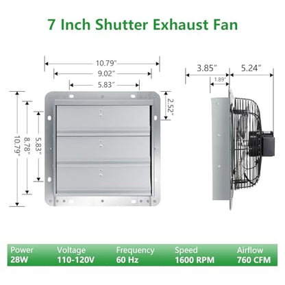 Shutter Exhaust Fan, 7'' Wall Mount Attic Fans w/Speed Controller,760CFM, Chicken Coops Vent Fan for Greenhouse, Gable, Barn, Garage, Shed Ventilation Fan - color: With Speed Control, size: 7inch
