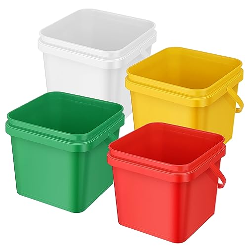 Mifoci 4 Pcs Plastic Bucket 5 Quart Square Cleaning Bucket Utility Small Pail with Handle for House Cleaning Storage Livestock Feeding Car Washing (Red,Yellow,White,Green) - color: Red, Yellow, White, Green