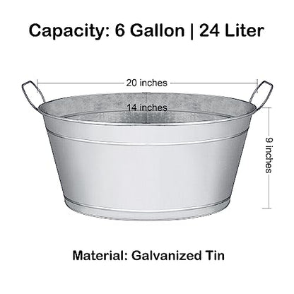 BARsics Large 6-Gallon Galvanized Tin Beverage Tub, 20x14x10 inches (Pack of 2)
