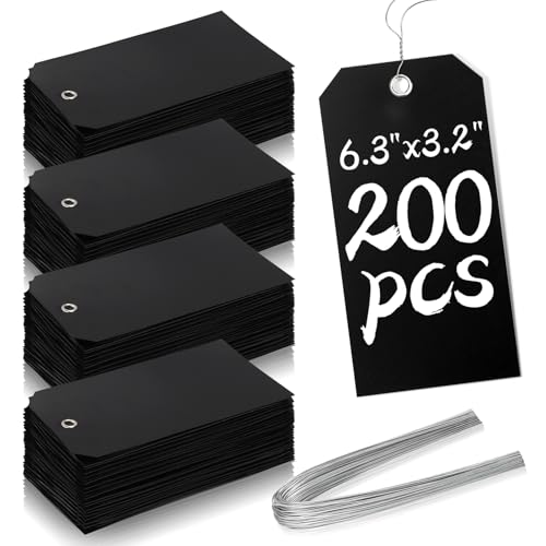200 Pcs 6 1/4 x 3 1/8 Plastic Shipping Tags with Wire - Double-Sided Writable Price Tags for Retail - Rectangle Tie On Labels for Engraving Equipment, Garage, Moving (Black) - color: Black