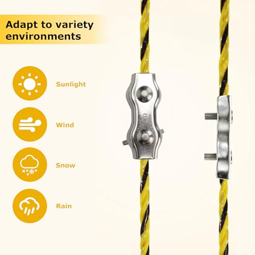 62 Pcs Electric Fence Wire Kit Include 656 ft 200 Meters Electric Fence Polywire, 25 PCS Black Fence Insulator, 25 PCS T Post Insulator, 1 Pcs Insulator Socket Tool, 10 PCS M4 Poly Rope Connectors
