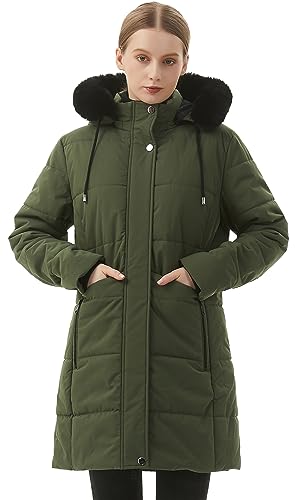 MOERDENG Women's Winter Puffer Coat Thicken Fleece Lined Down Jacket Waterproof Faux Fur Detachable Hooded Parka - color: Green, size: XX-Large
