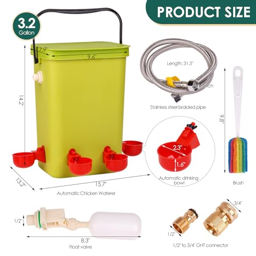 Automatic Chicken Waterer with Float Valve, 3.2 Gallon Hanging Poultry Waterer with 6 Water Cups, Large Duck Quail Turkey Goose Chicken Coop Water Dispenser
