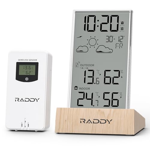 Raddy V5 Wireless Weather Station, Indoor Outdoor Thermometer & Hygrometer, Battery Powered Temperature Humidity Monitor, 5.0" LCD Display, 12-Hour Forecast, Frost Alert, Remote Sensor