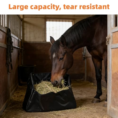 Horse Hay Bag - Large Capacity Tear Resistant Hanging Slow Feeder Pouch with Clear Visual Window - Portable Grass Storage Container for Equestrian Training Stable Yard and Farm